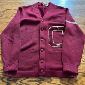 Vintage Grunge Thrashed 50s 60s Letterman Cardigan Burgundy (fits Men's S)